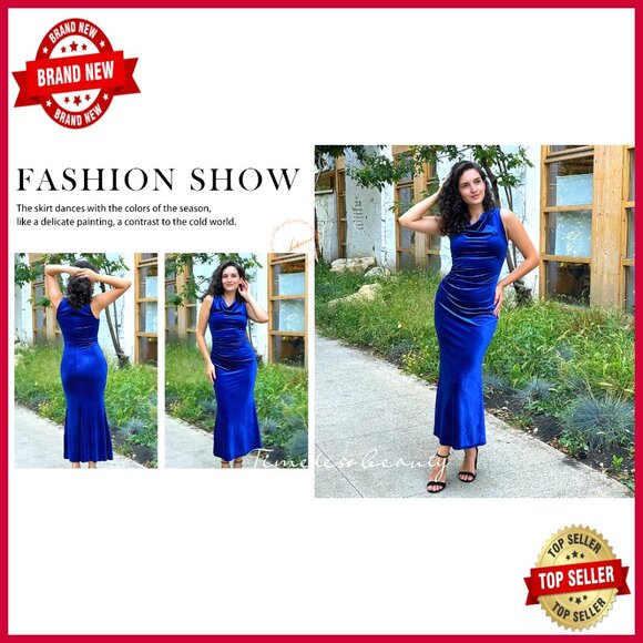 Velvet Mermaid Evening Gown Formal Cocktail Dress Cowl Neck Elegant - Picture 7 of 7